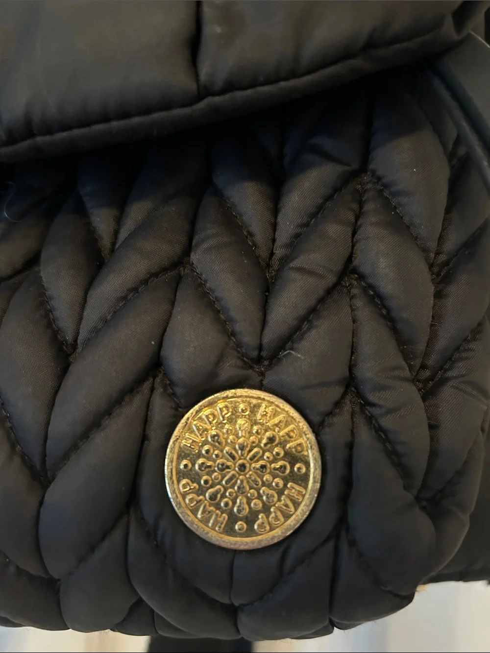 Happy Black Quilted Backpack Diaper Bag with Gold Accent